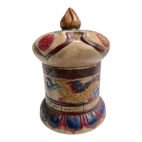 Engraved Stone Round multi colored Dragon Trinket Jewelry Box Vintage - Picture 1 of 11